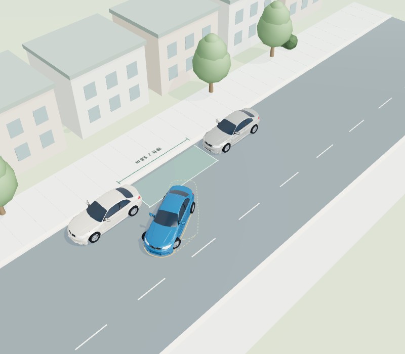 The blue practice car reversing at an angle into the gap between two parked cars, with its short steering path visible.
